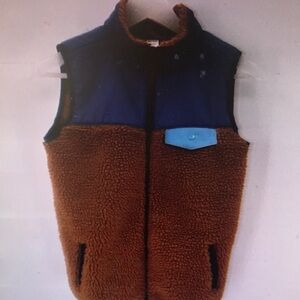 Kids Brown Sherpa Vest with Blue Trim